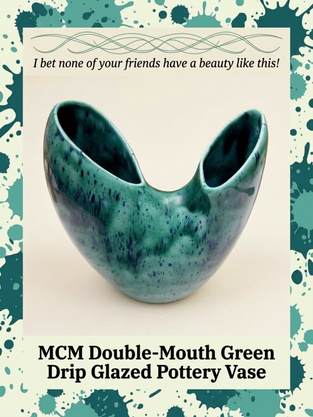 Vintage Double-Mouth Green Drip Glazed Pottery Vase, Mid-Century